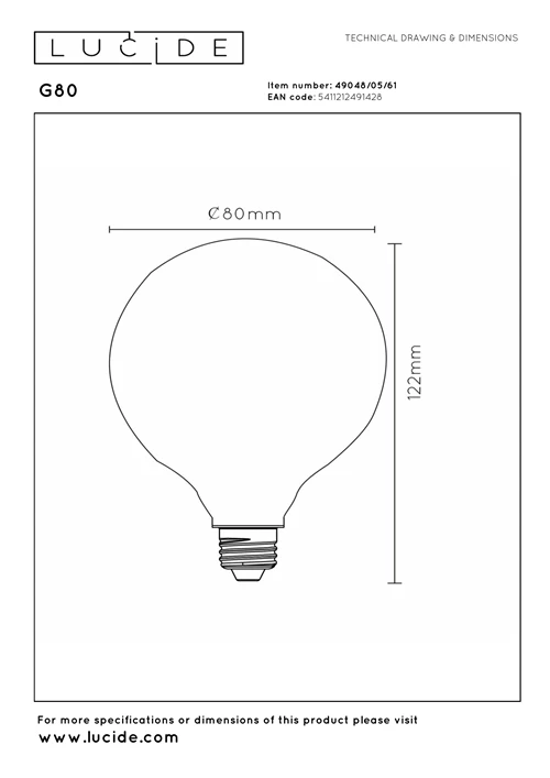 Lucide G80 - Ampoule filament - Ø 8 cm - LED Dim. - E27 - 1x4,9W 2700K - Opalin - technique